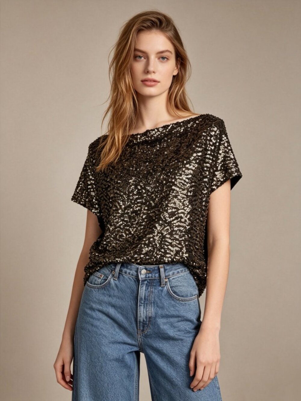 NWT Mint Velvet Gold Sequins Top Stretch Short-Sleeved T-Shirt Size XL